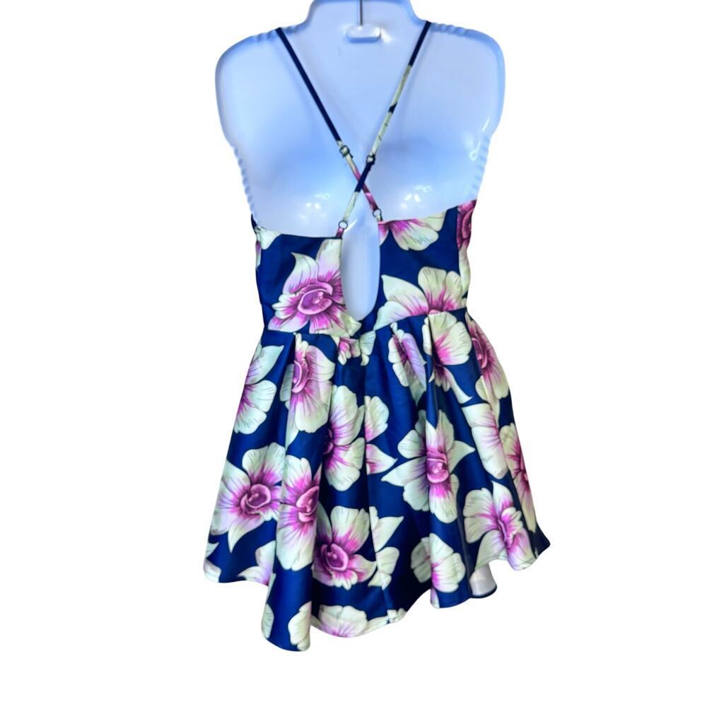 DEPRI Blue Pink‎ Floral Mini Dress Crisscross Spaghetti Straps Sz S/M - Picture 6 of 8